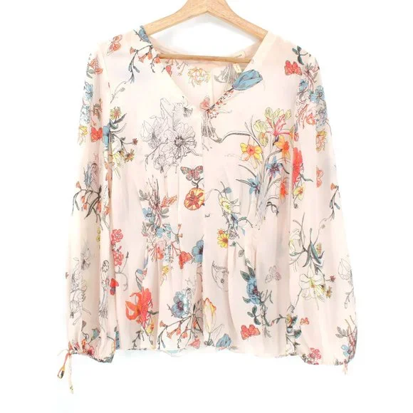 Rebecca Taylor 100%Silk Long Tie Sleeve Meadow Floral Top Pink Combo V-neck 2 - Picture 2 of 15